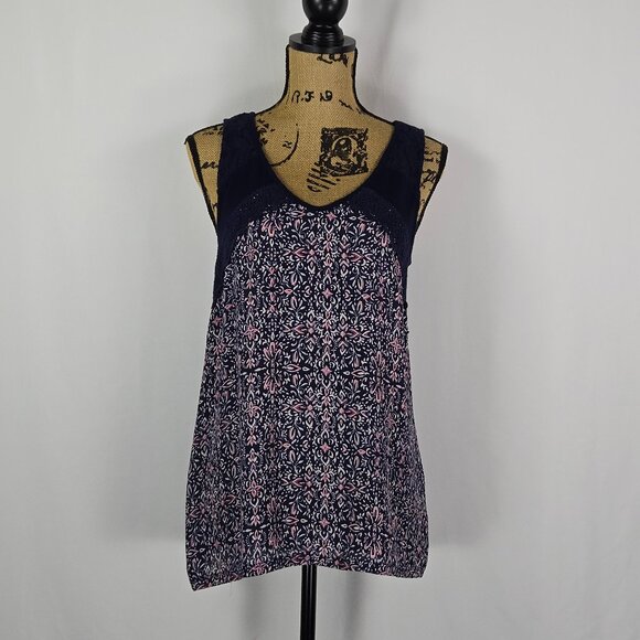 Maurices Navy Pink Floral Print Mixed Fabric Tank Top Lace Detail Size M Boho - Picture 1 of 12